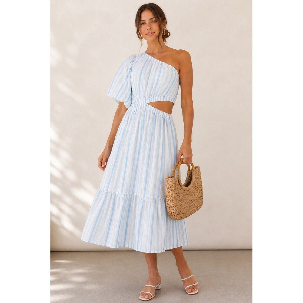 And Now This One Shoulder Cutout Dress Blue White Stripe Cotton Midi Large NWT